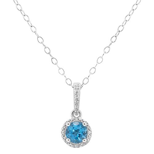 Sterling Silver Gemstone and Diamond Round Pendant with Chain