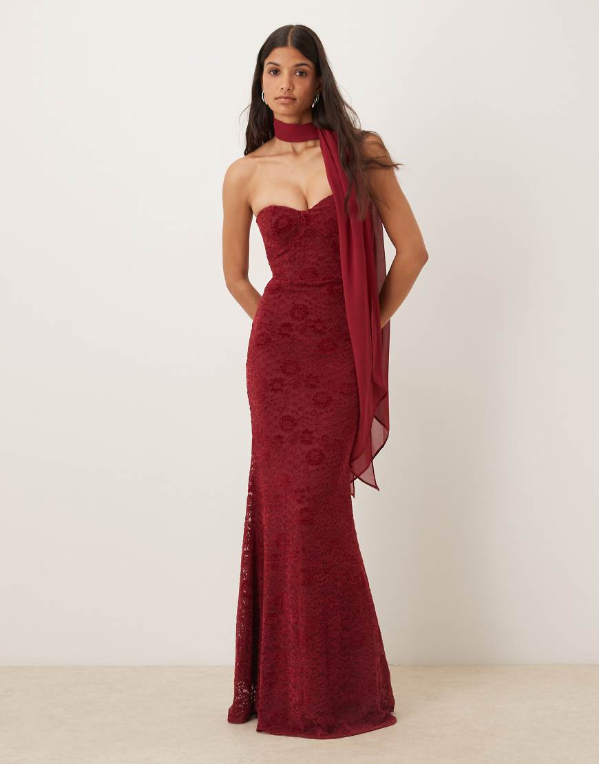 Velvet lace corset bandeau maxi dress with neck scarf in burgundy-Red