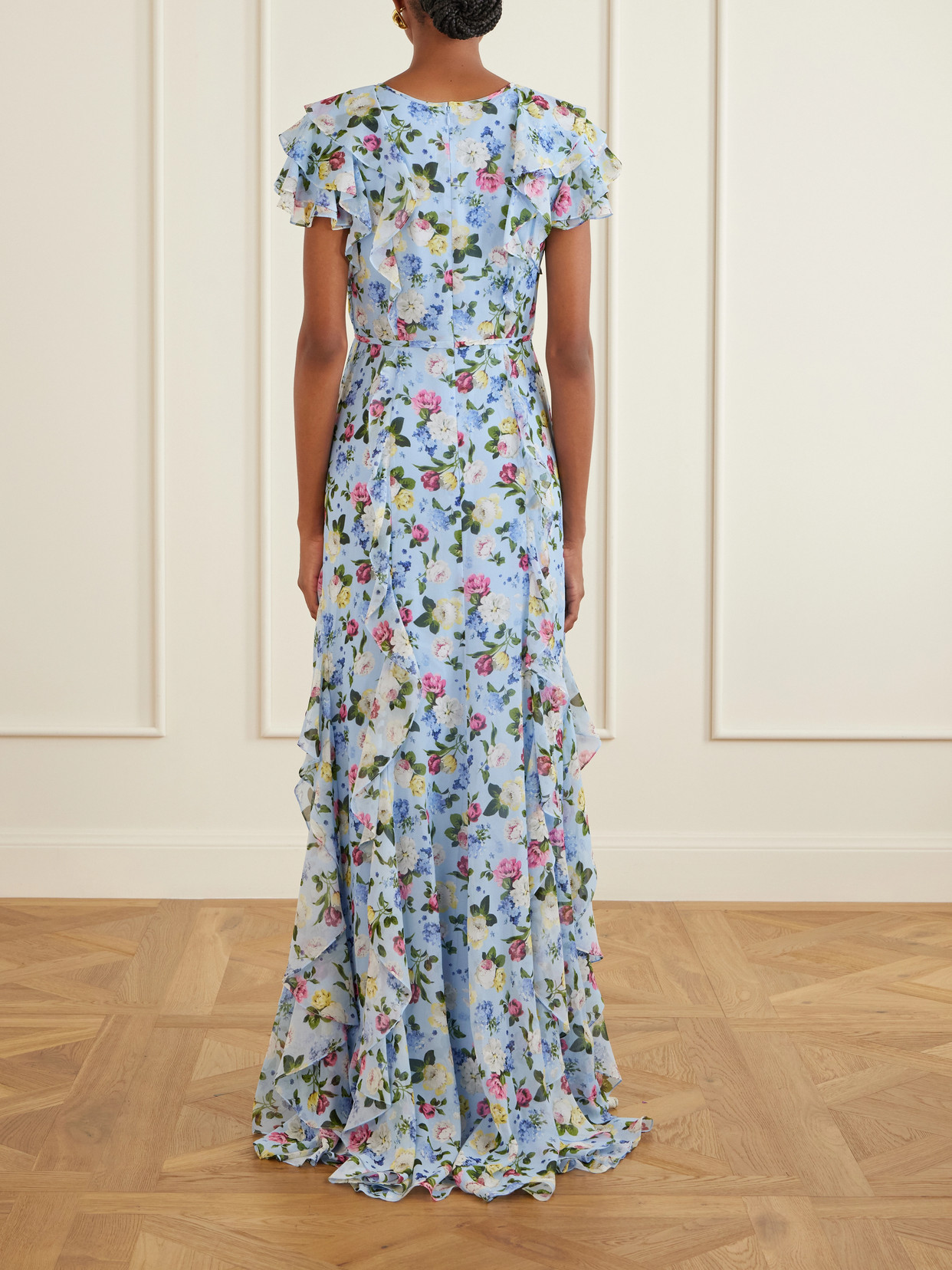 Ruffled Floral-printed Silk Chiffon Gown - Blue