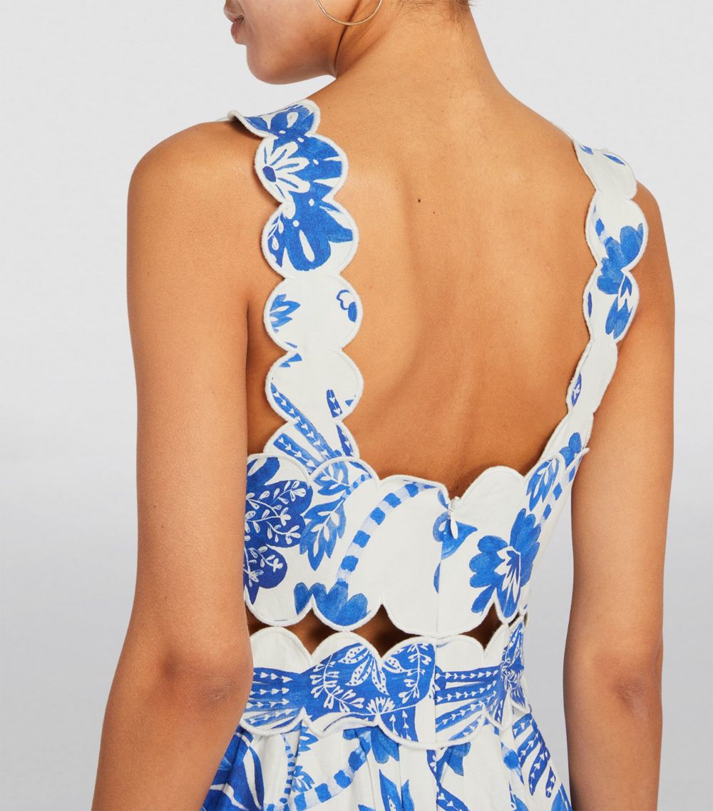 Scallop-Trim Printed Midi Dress