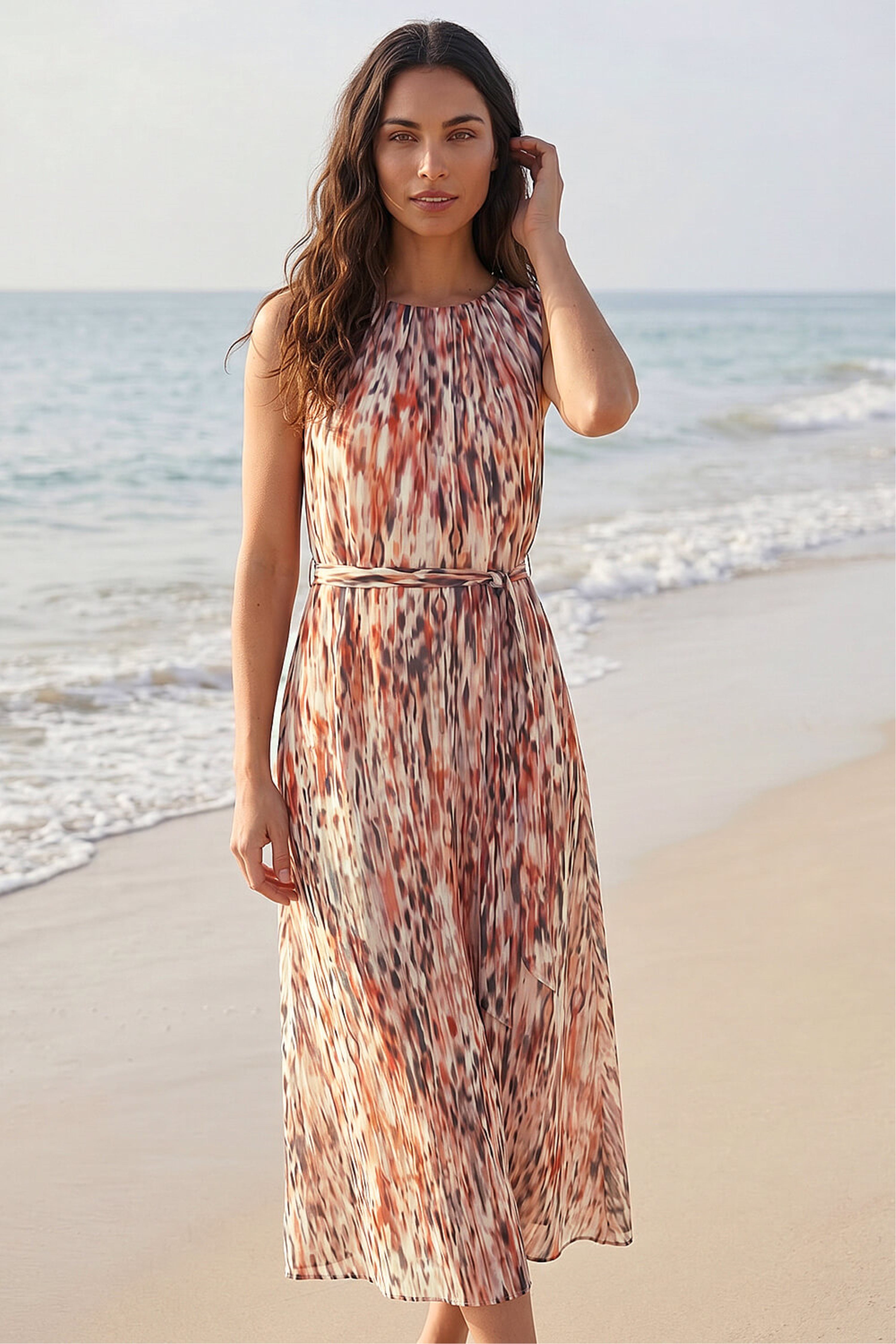 Roman Womens Animal Print Chiffon Pleat Neck Midi Dress - Chocolate