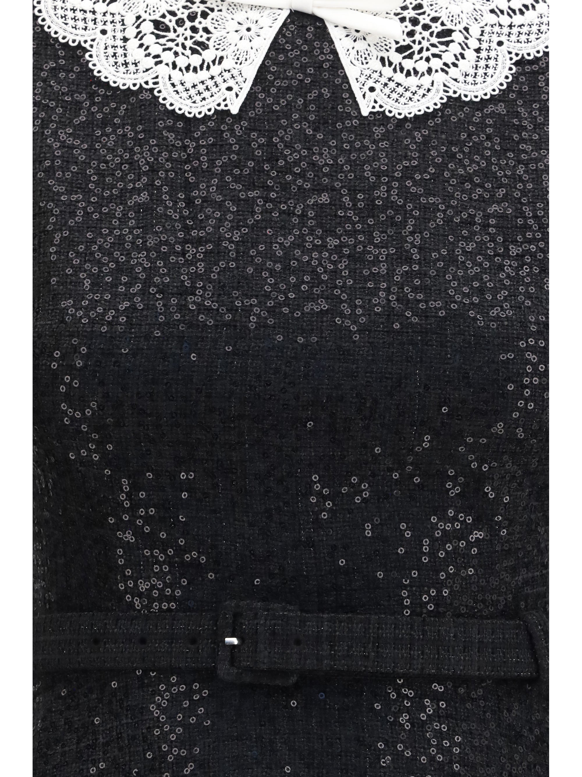 Sequin Bouclé with Lace Collar Mini Dress — Black