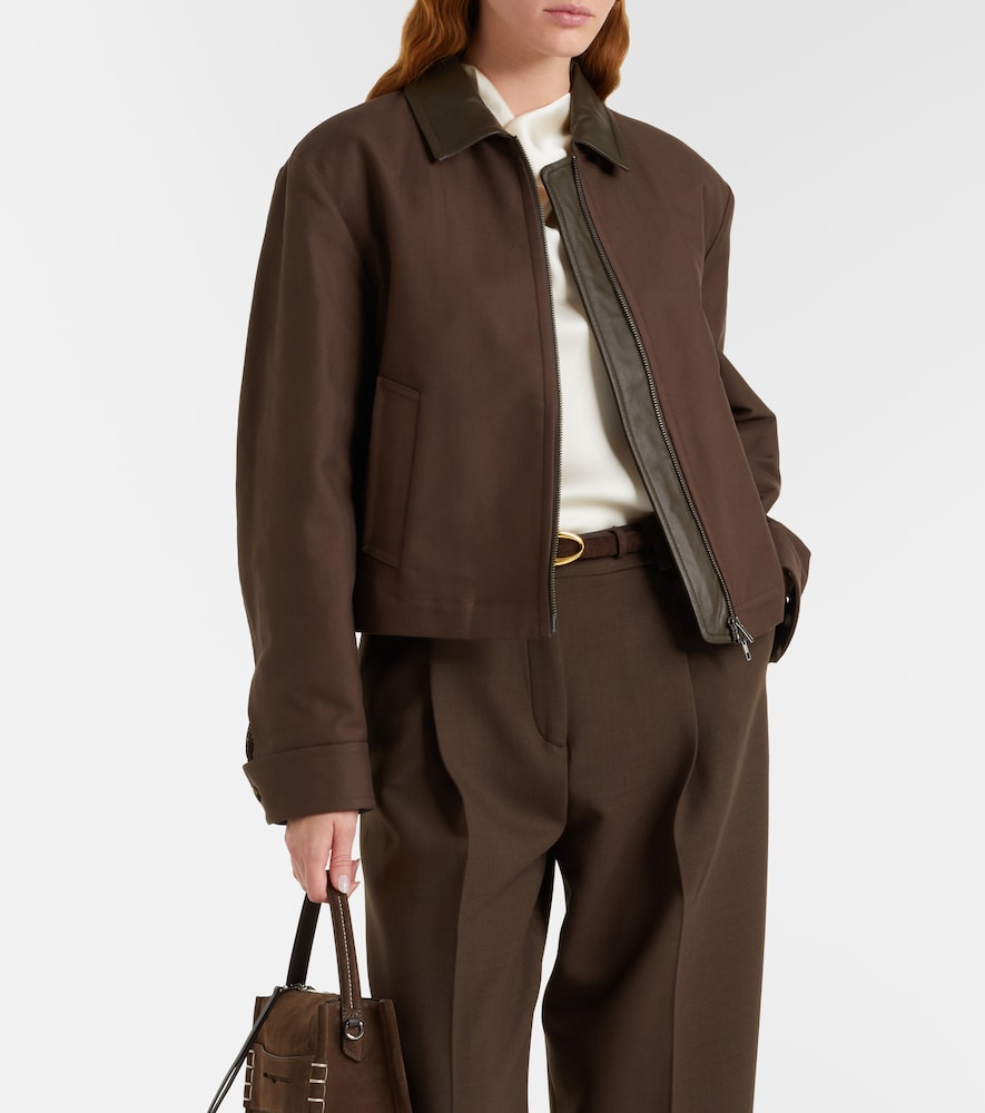 Cropped leather-trimmed cotton twill jacket