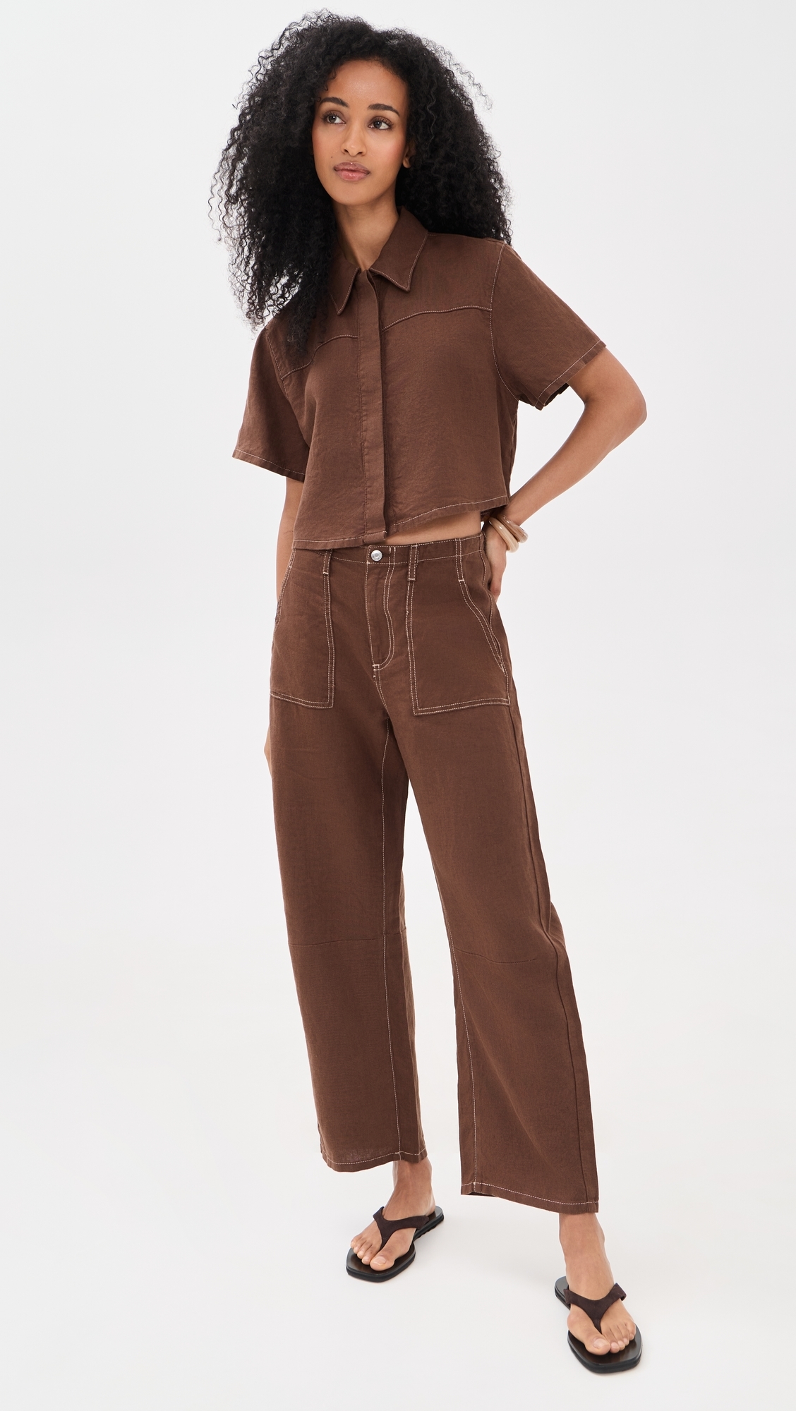 Mid Rise Linen Utility Barrel Pants Cocoa