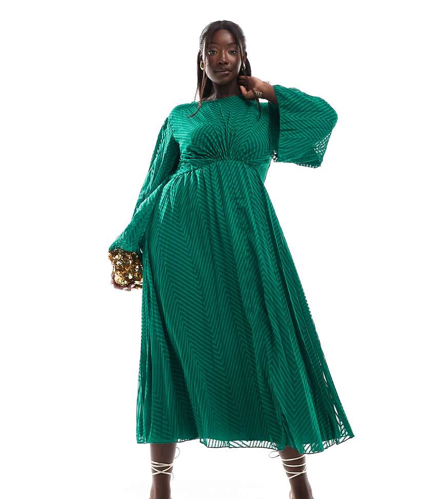ASOS DESIGN Curve tie back fluted sleeve pleated chevron chiffon midi dress in green