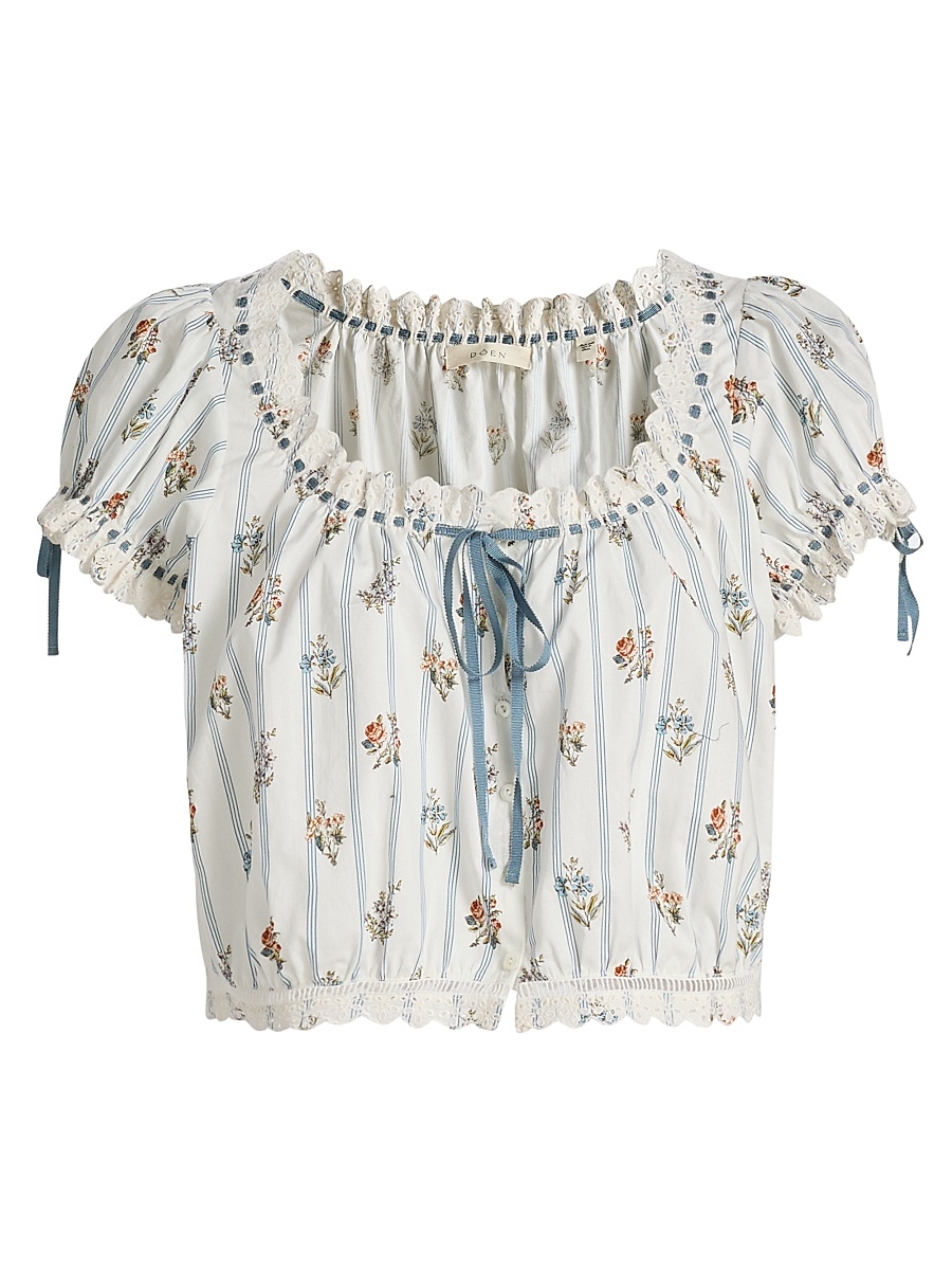 Women's Nera Floral Cotton Crop Top - Creme Fleurs De Bordeaux