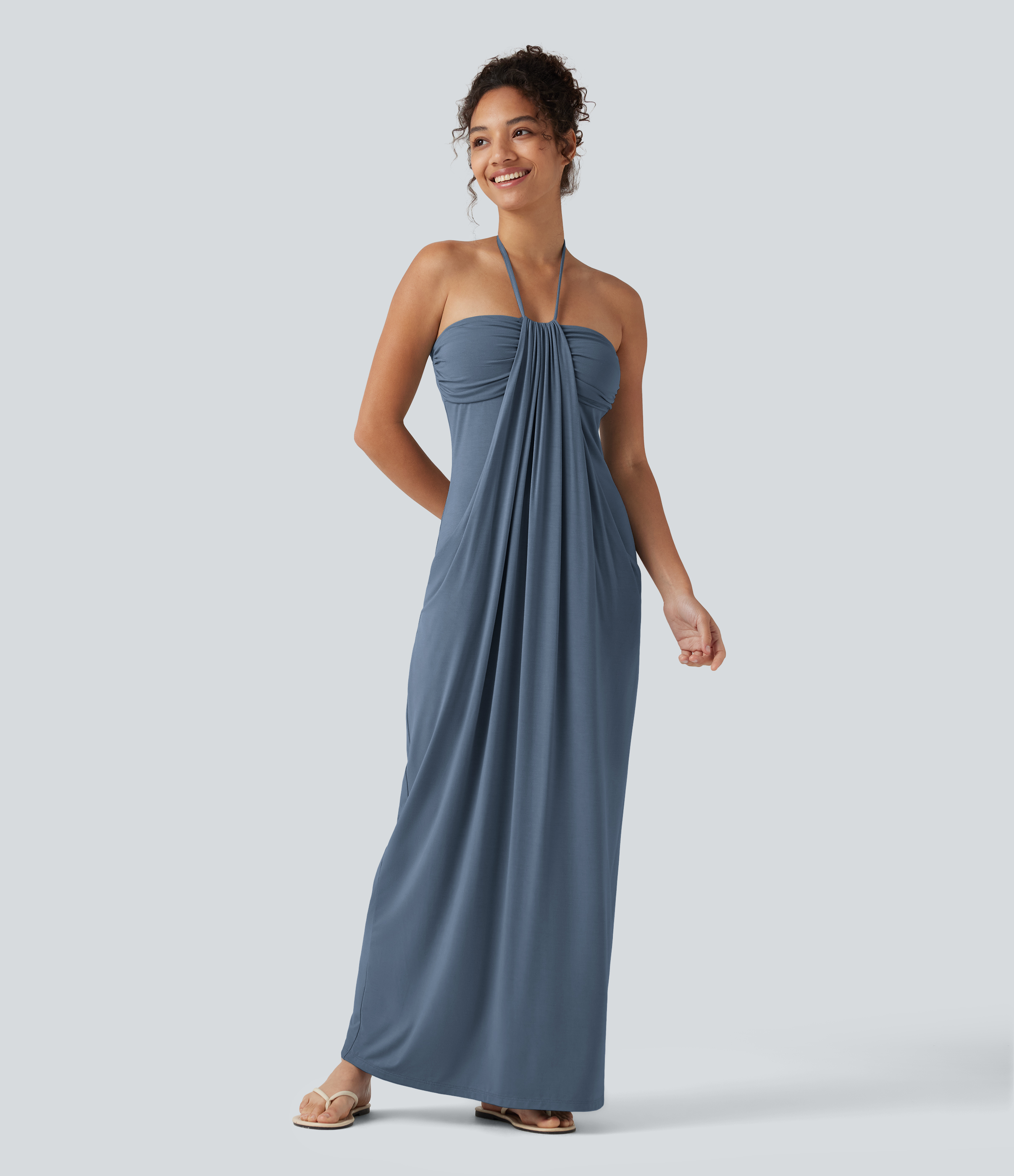 Halter Tie Back Built-in Bra Maxi Dress with Pockets Casual Dress - Mountain Spring