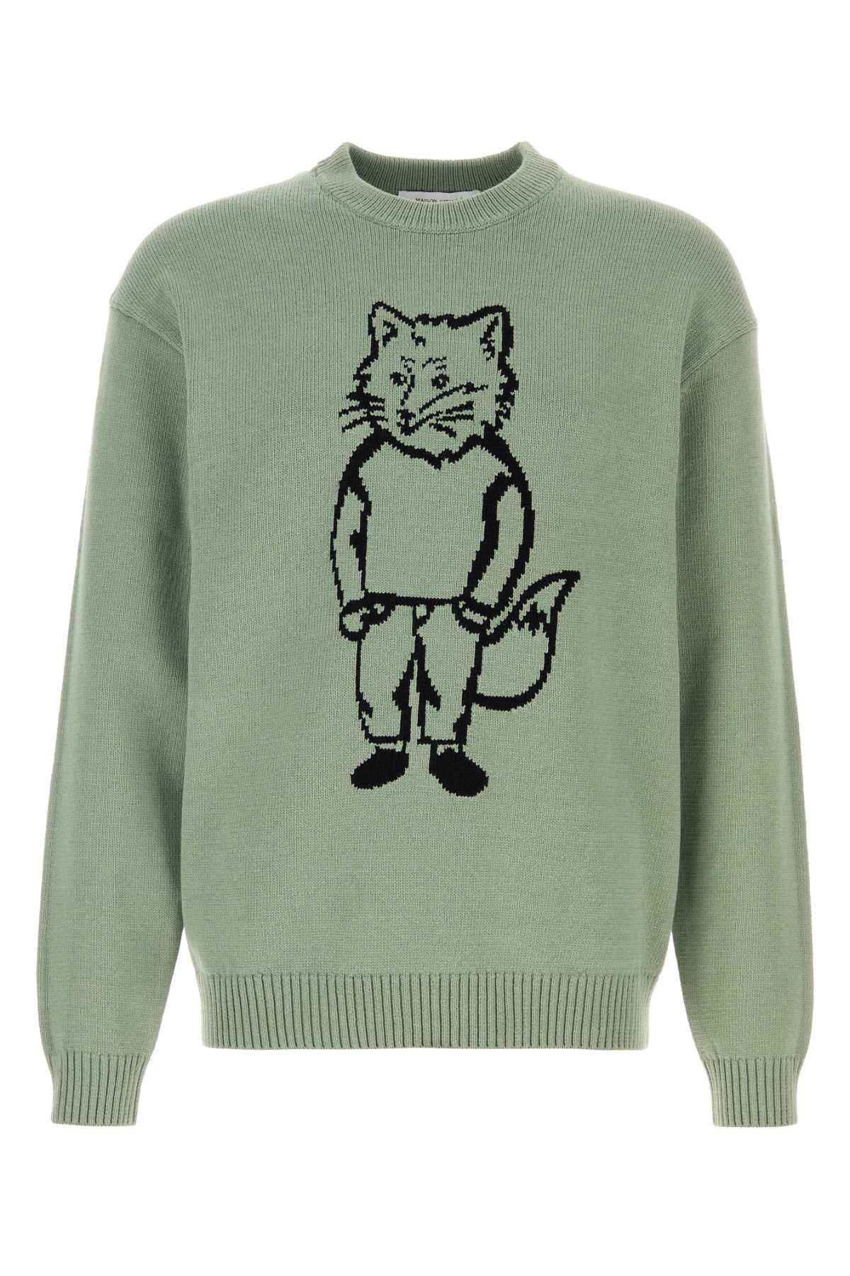 Maison Kitsune Cat-Embroidered Cotton Blend Sweater — Green