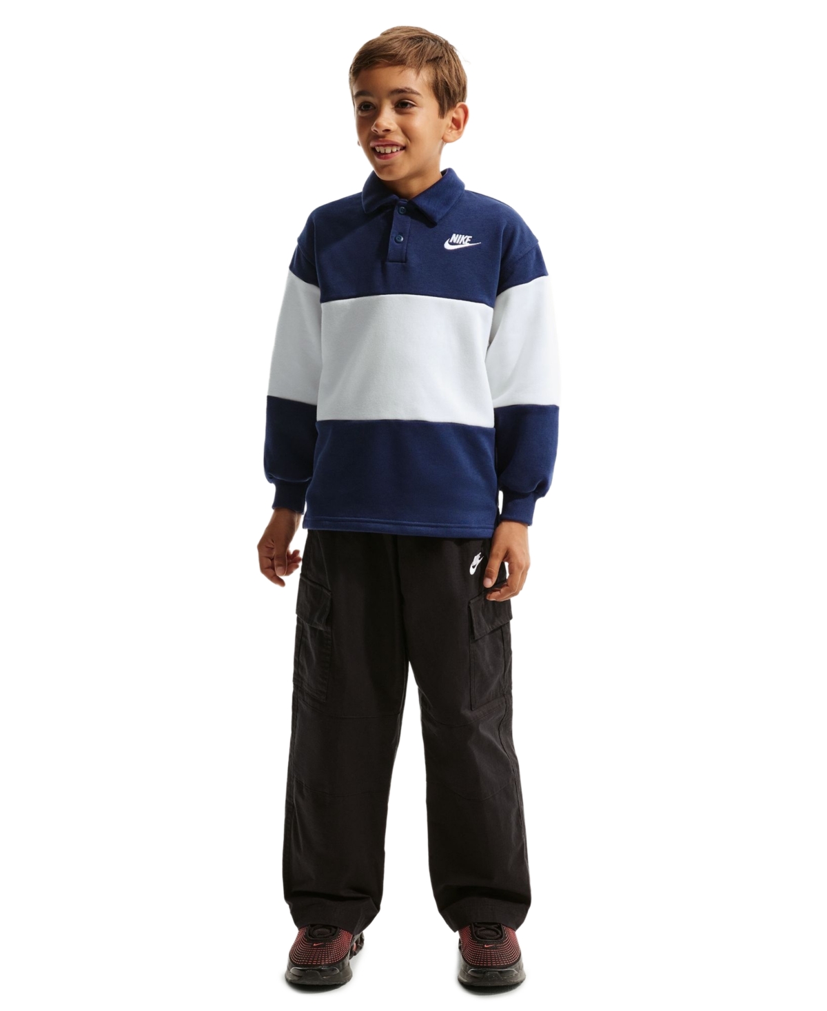 Boys' 4-20 Sportswear Club Rugby Striped Sweatshirt - Midnight Navy/Sail