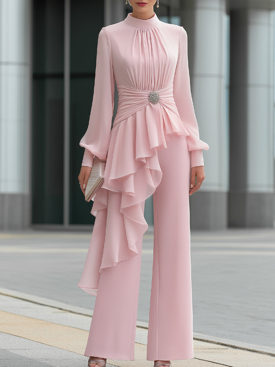 Elegant Draped Ruffle Top Wide-Leg Pants Set - Pink