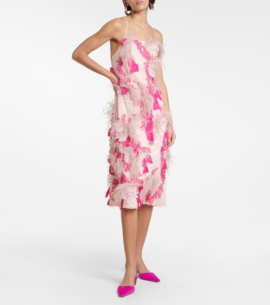 Xu Zhi Feather-trimmed embroidered midi dress