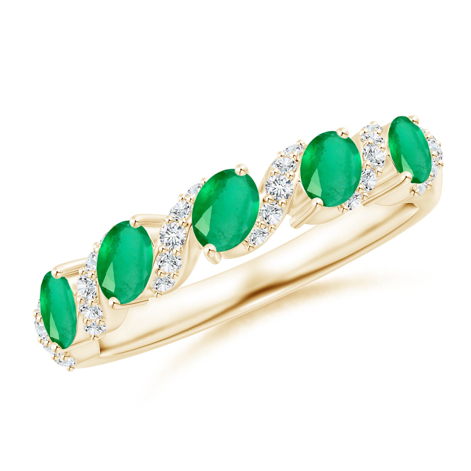 Angara 0.6 Carat Five Stone Oval Emerald Swirl Ring with Diamonds in 18K Yellow Gold