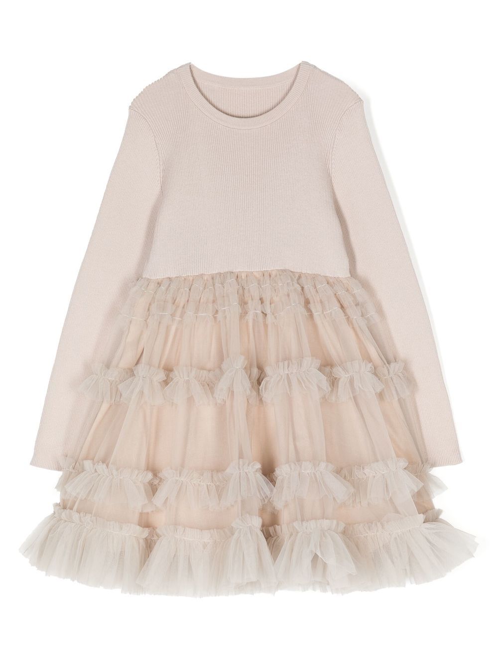 Crewneck knit mesh patched dress - Neutrals