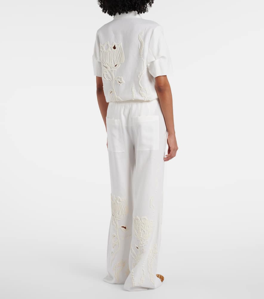 Embroidered Beauty linen wide-leg pants