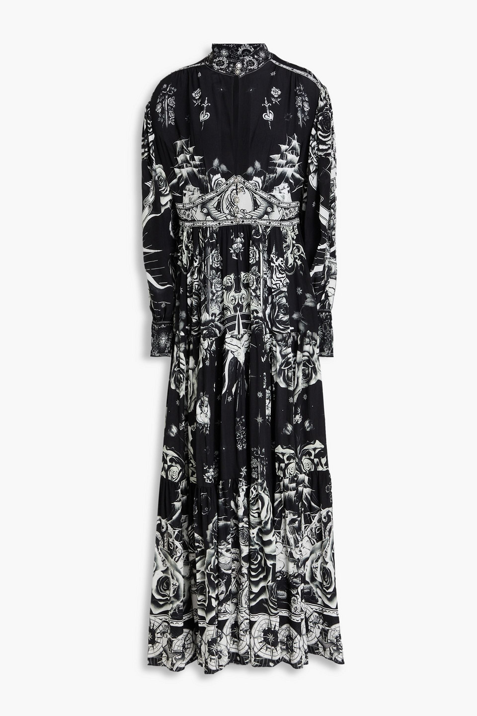 Printed embellished silk crepe de chine maxi dress - Black - XS