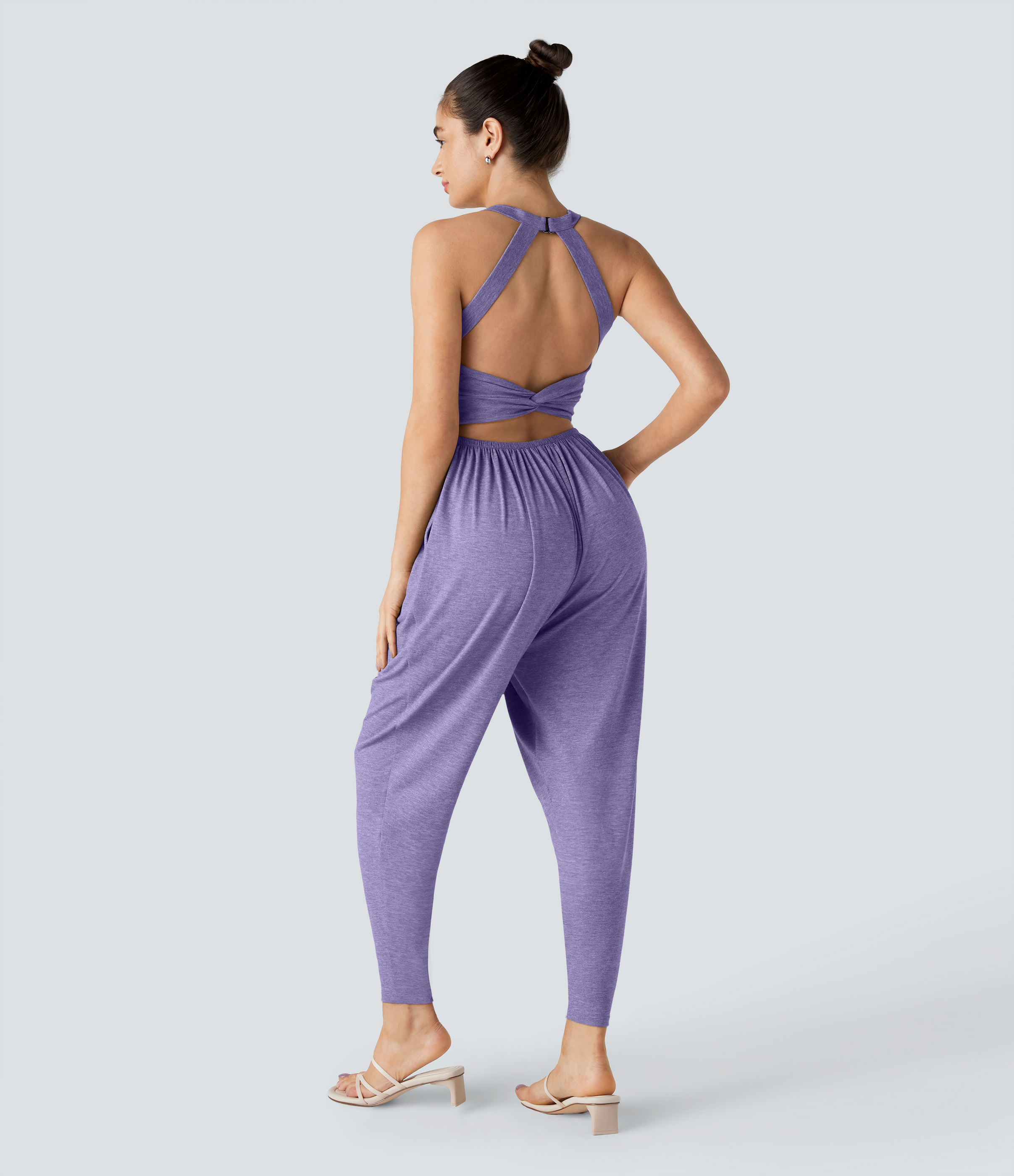 U Neck Pocket Harem Casual Jumpsuit-Easy Peezy Edition  - Light Purple Floral Yarn