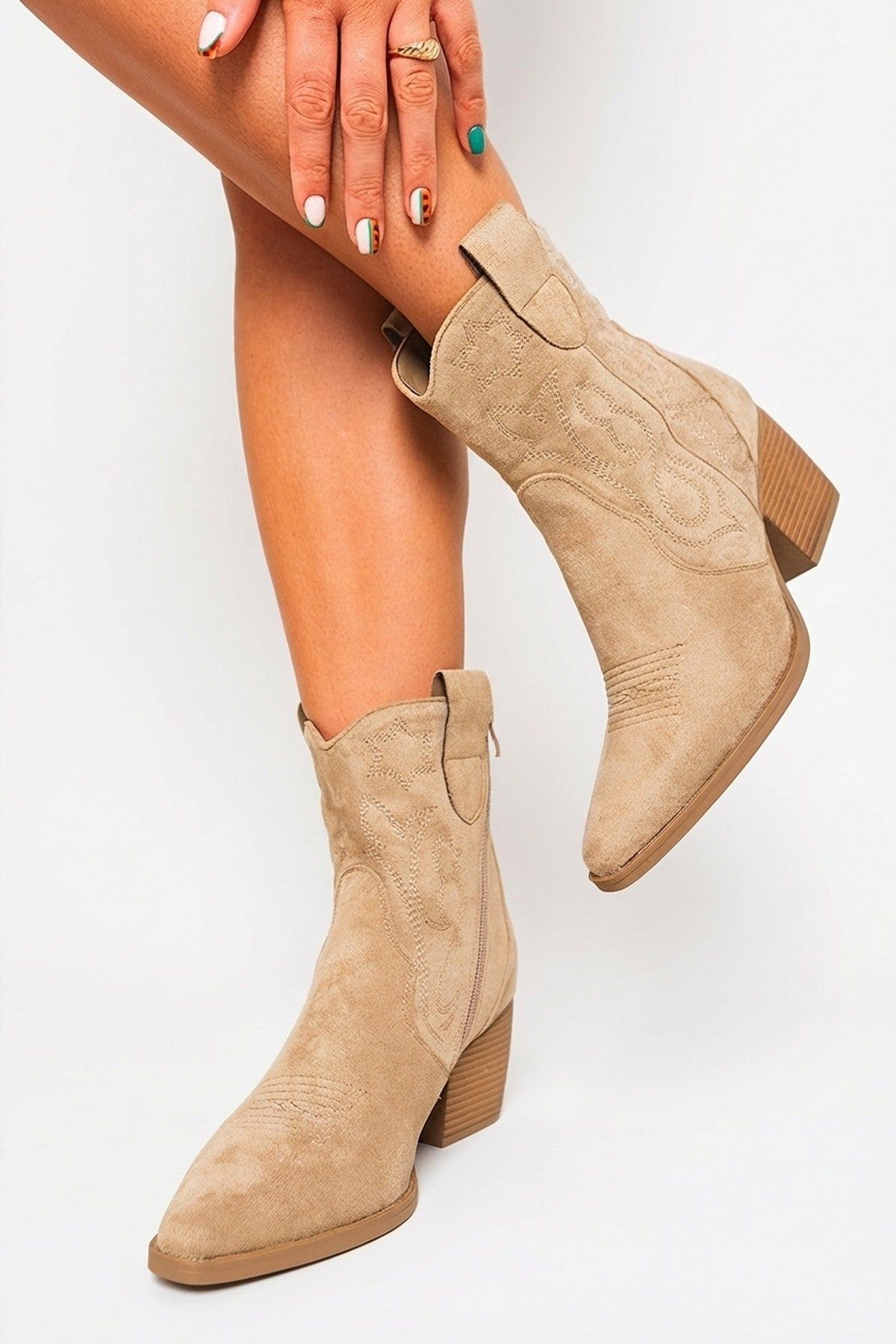 IKRUSH Women's Laura Faux Suede Cowboy Ankle Length Boots in Khaki
