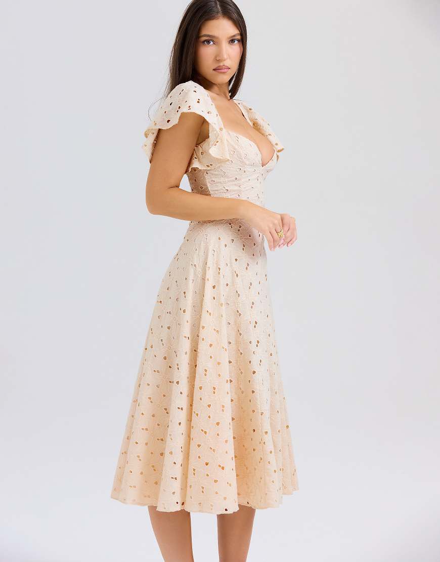 Amaya tea broderie anglais midi dress in cream-White