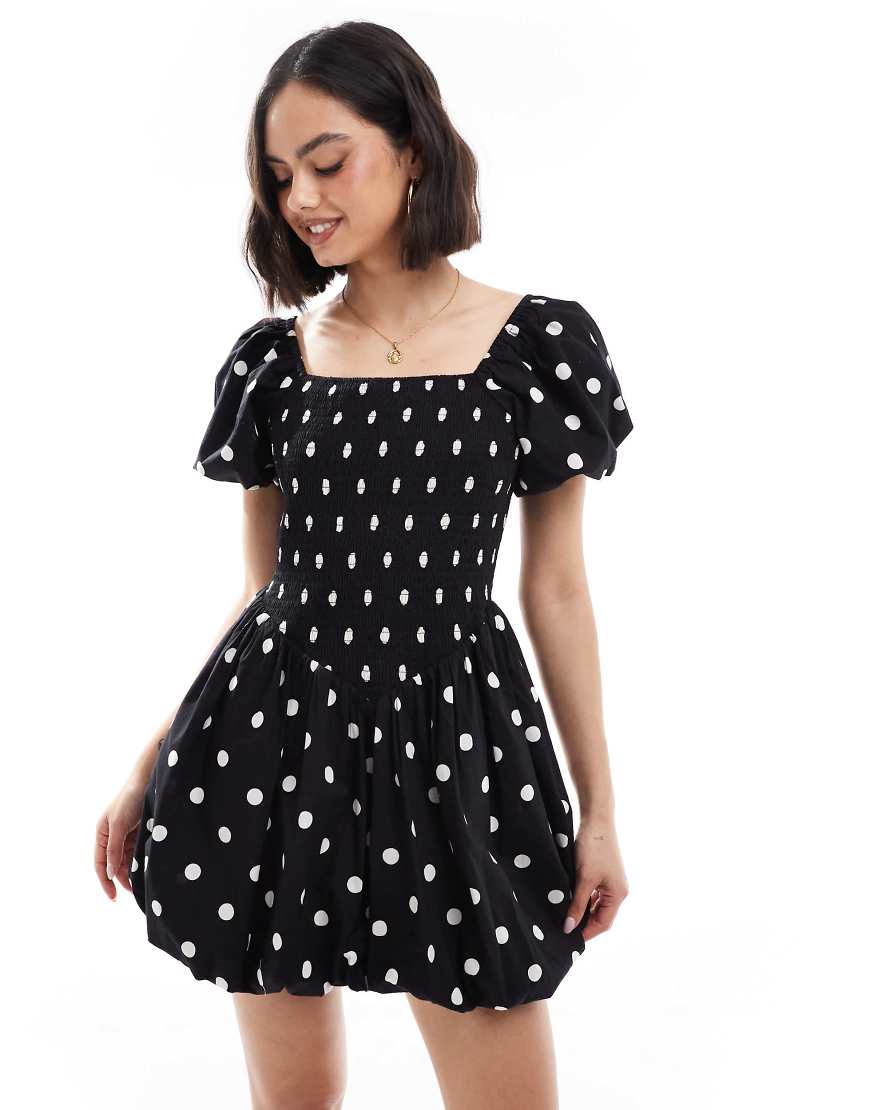 Puffball mini dress in black polka dot-Multi