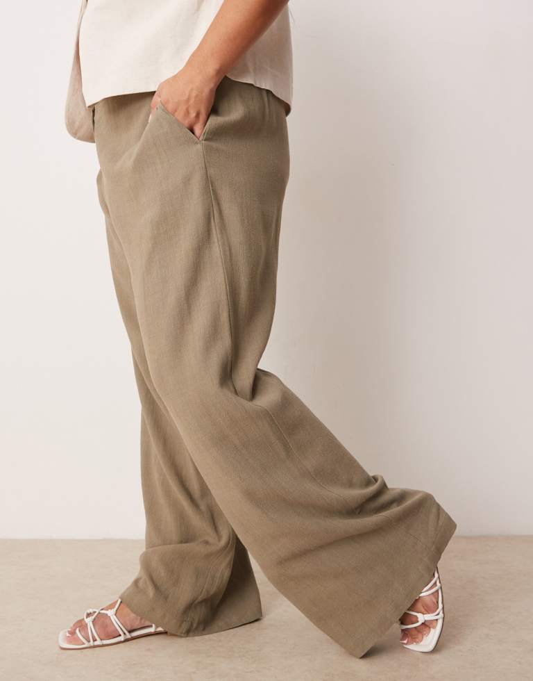 ASOS CURVE Womens DESIGN relaxed straight leg trousers with linen in khaki