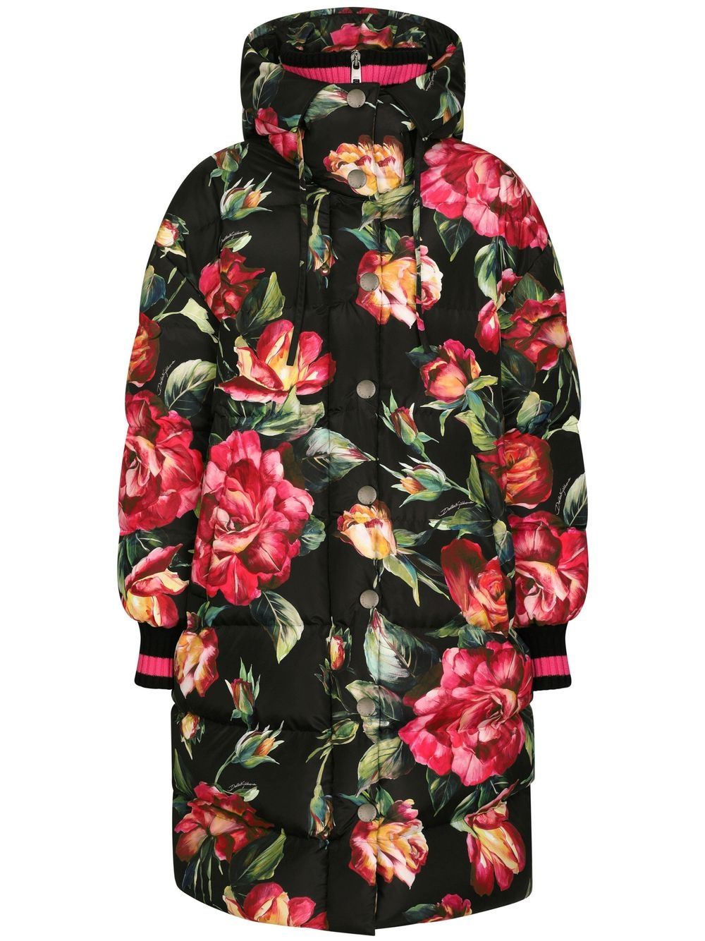Long floral-print down jacket - Black