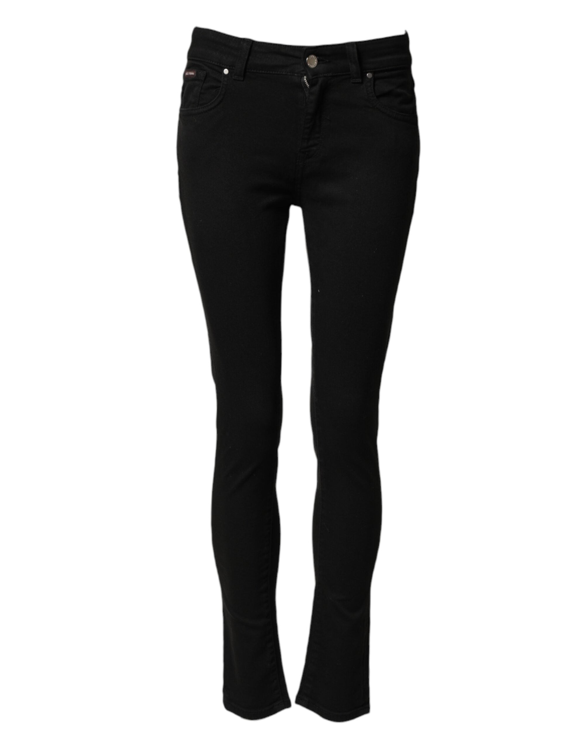 Black Cotton Skinny Mid Waist Jeans — Black