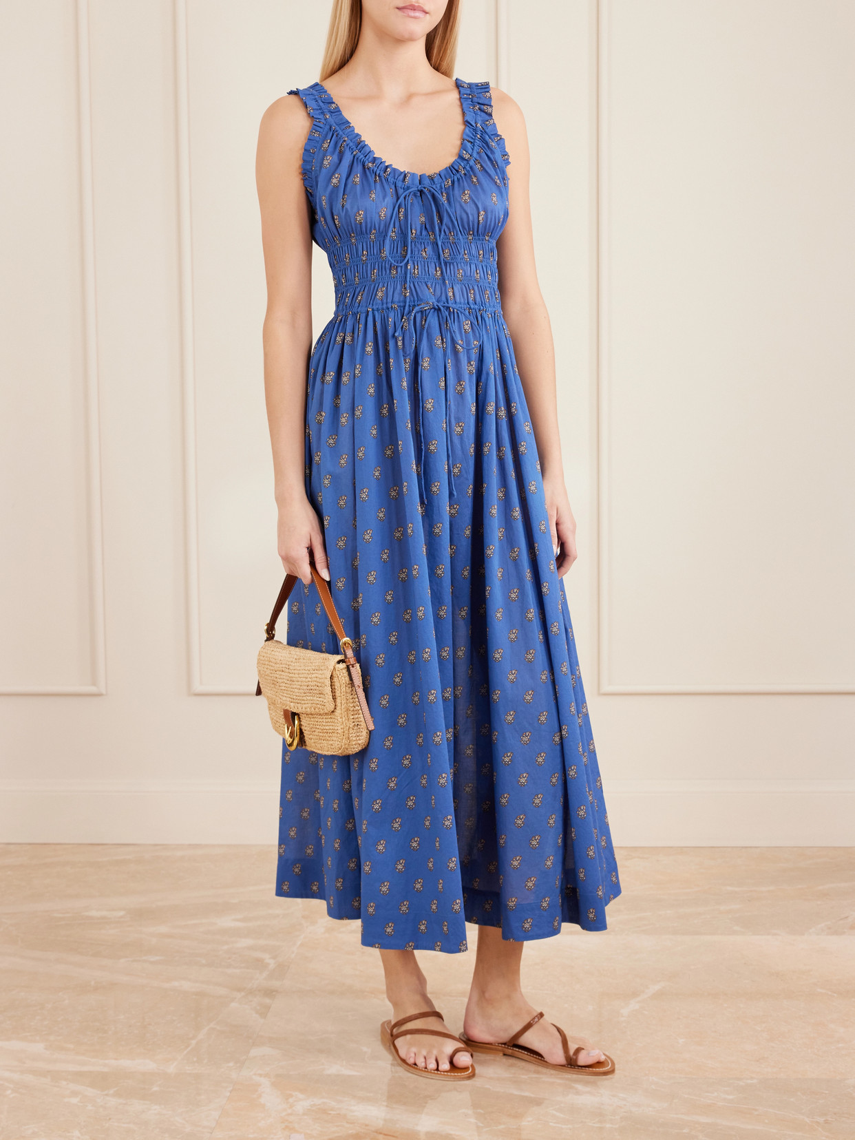 Emmaretta Shirred Floral-print Cotton Midi Dress - Blue