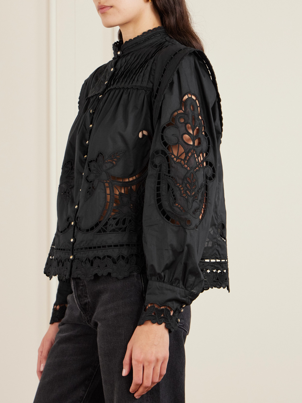 Richilieu Pleated Broderie Anglaise Cotton Blouse - Black