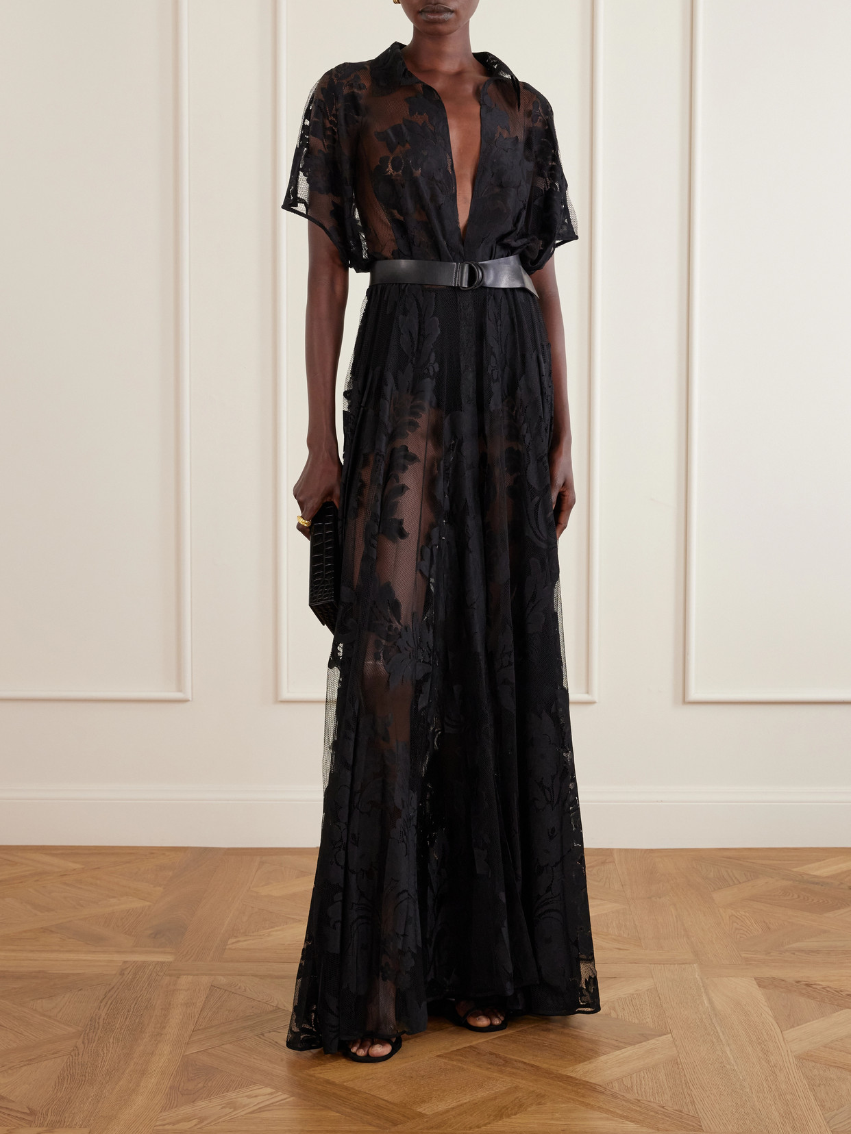 Belted Embroidered Mesh Gown - Black