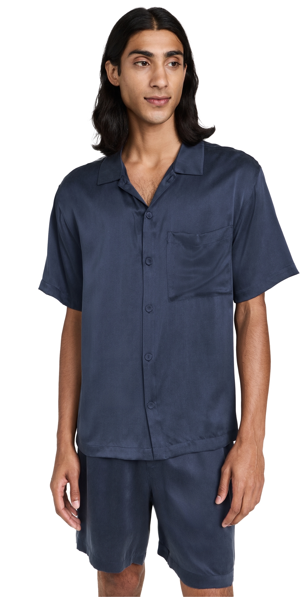 Washable Silk Button Up Short PJ Set Deep Blue