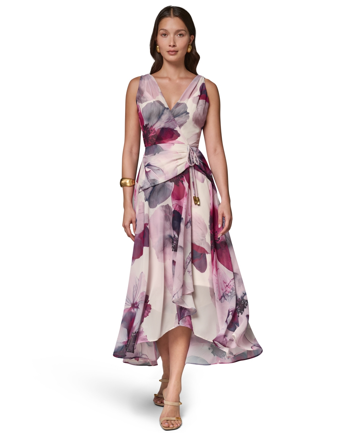 Women's Printed Chiffon Faux Wrap Midi Dress - Sangria multi