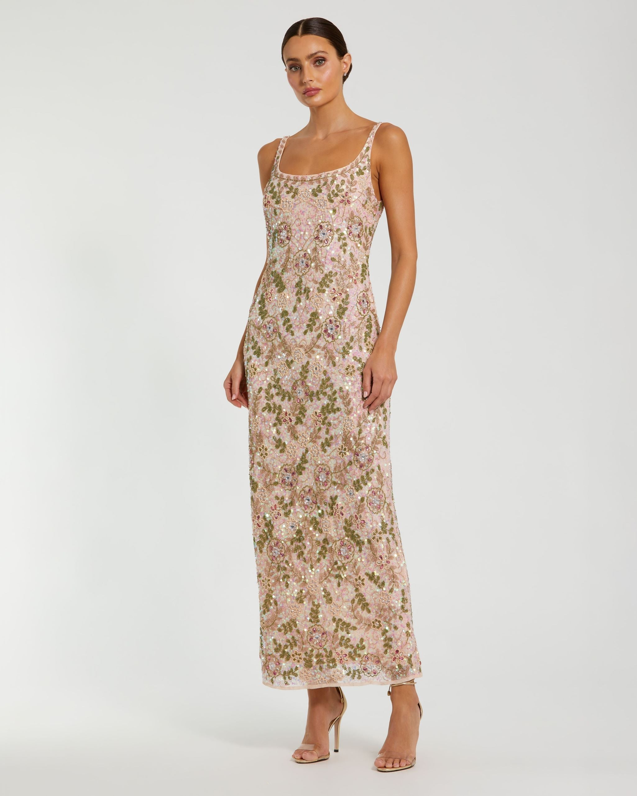 Sleeveless Hand Beaded Floral Midi Dress In Sand Multi