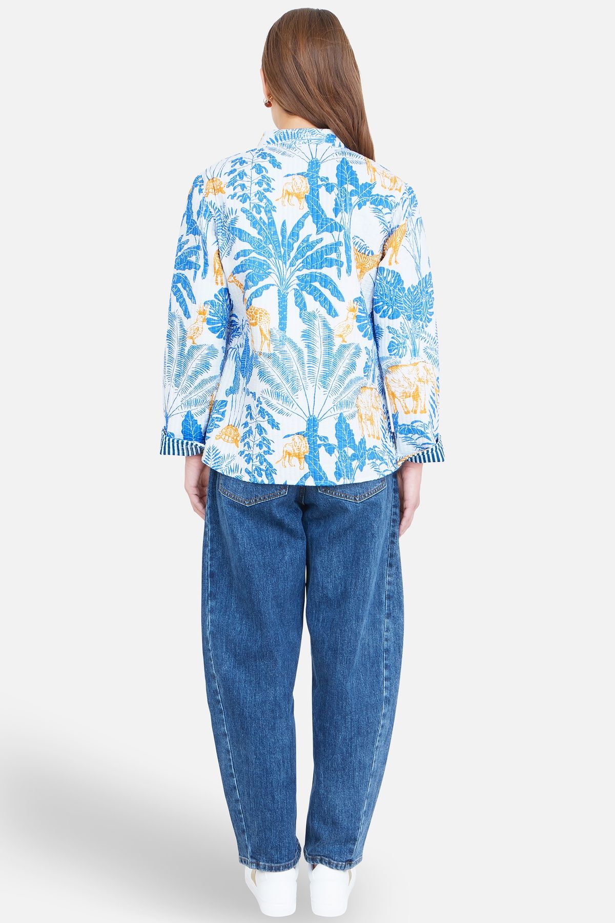 Yumi Women's Blue Jungle Reversible Cotton Quilted Jacket in Bright Blue