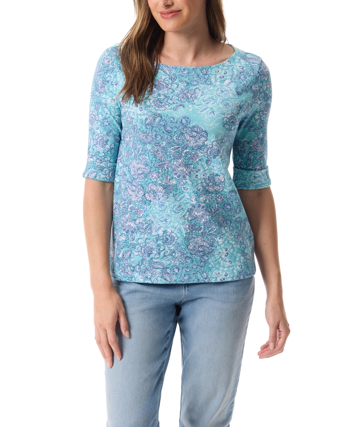 Women's Alanis Printed Cuffed-Sleeve T-Shirt - Cerulean Blue