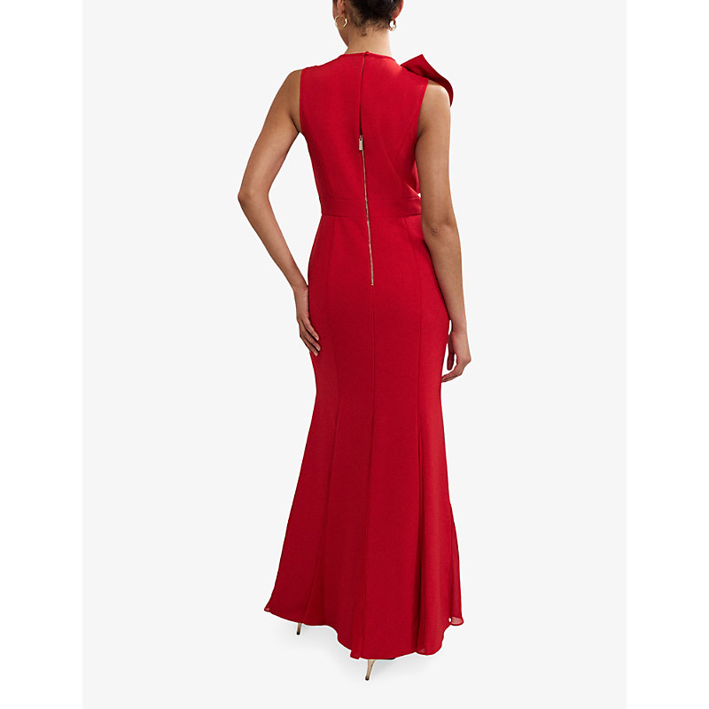 Womens Tyra Ruffle-Neck Sleeveless Stretch-Woven Maxi Dress