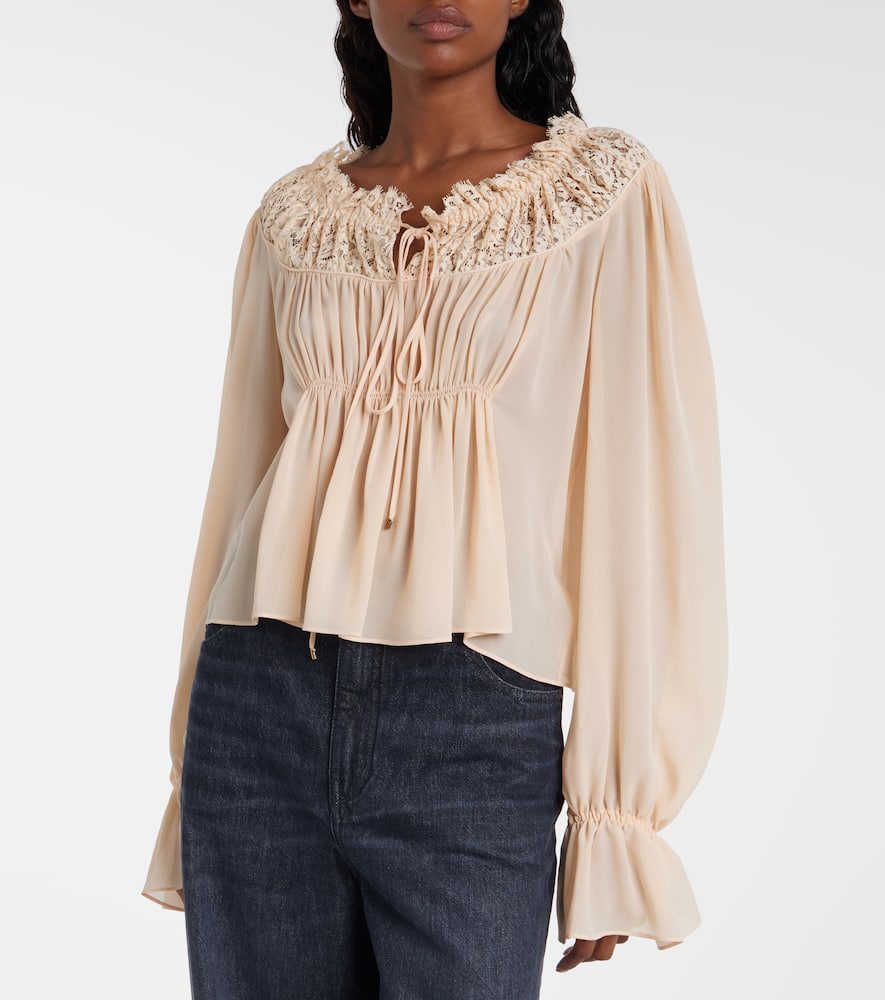 Chloé Shirred cropped lace-trimmed silk blouse