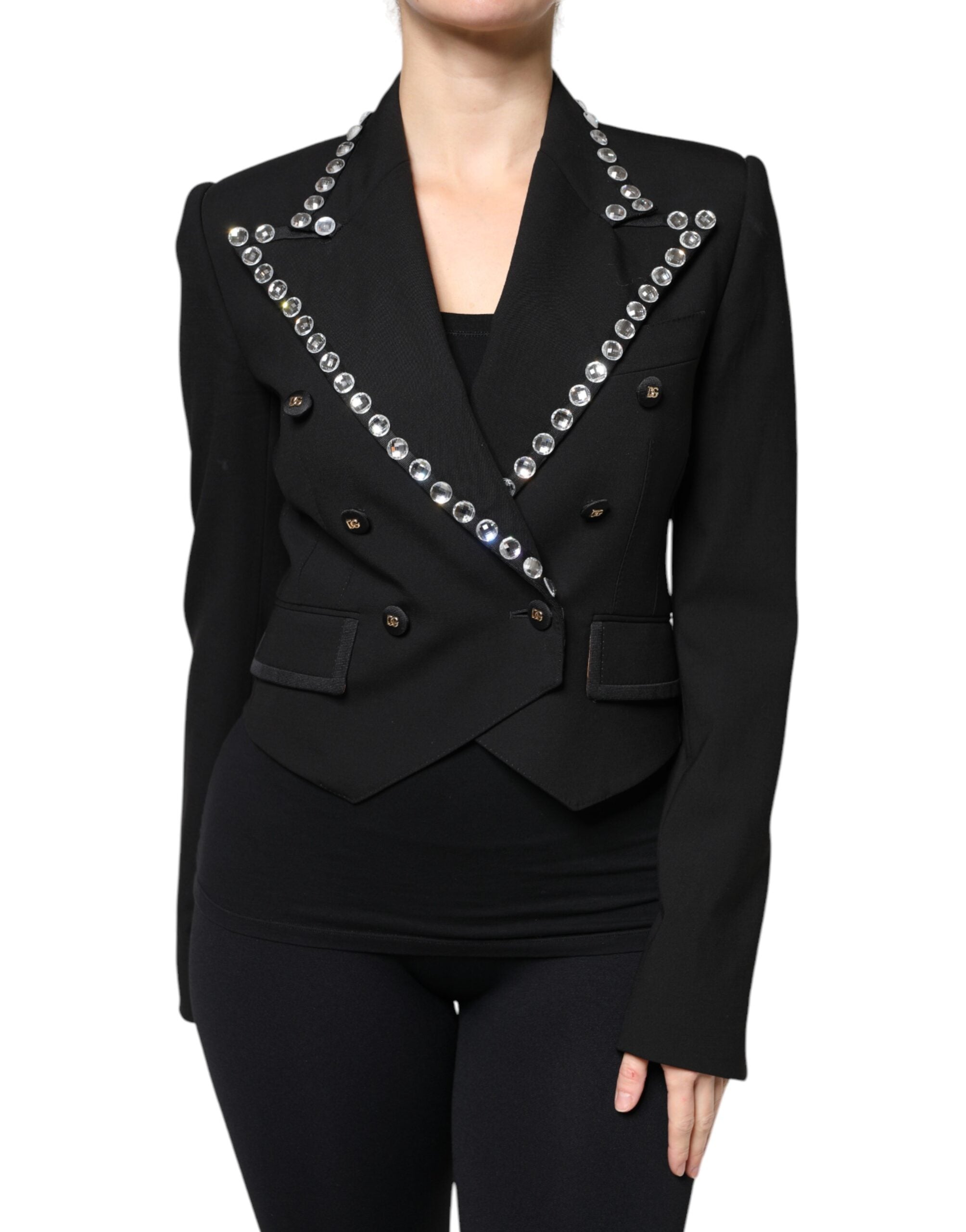 Crystal-Embellished Double Breasted Blazer — Black