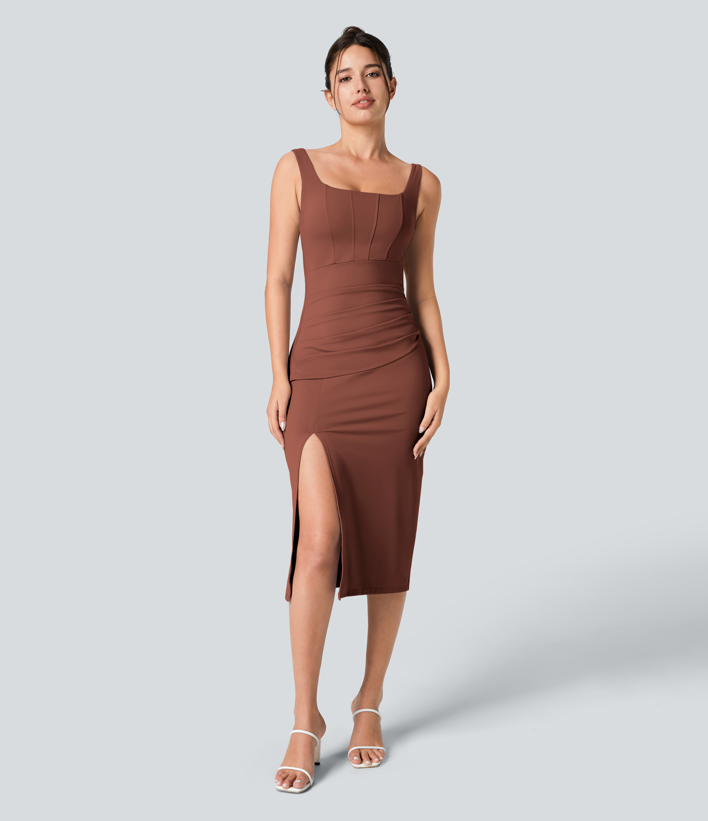 Softlyzero™ Airy Square Neck Backless Corset Ruched Split Bodycon Midi Cool Touch Bridesmaid and Wedding Guest Dress Casual Dress - Sequoia