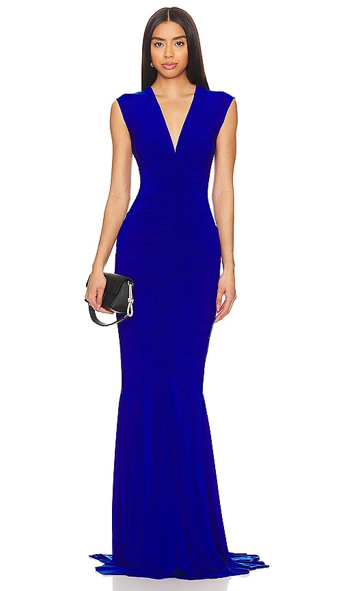 Norma Kamali Sleeveless Deep V Neck Shirred Front Fishtail Gown in Royal. XXS. Also in