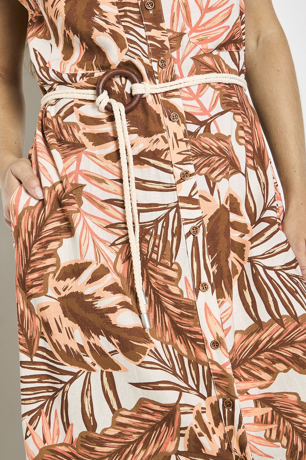 Apricot Women's Tropical Leaf Linen Blend Shirt Midi Dress in Crea