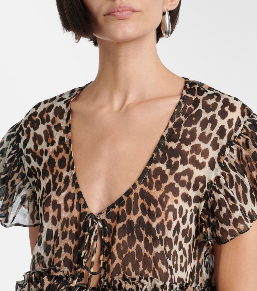 Leopard-print ruffled chiffon blouse