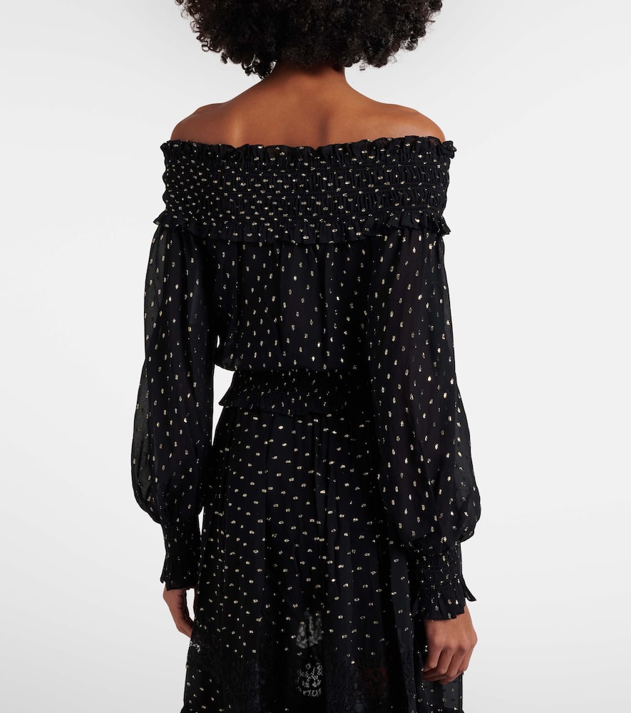 Shirred metallic-effect off-shoulder top