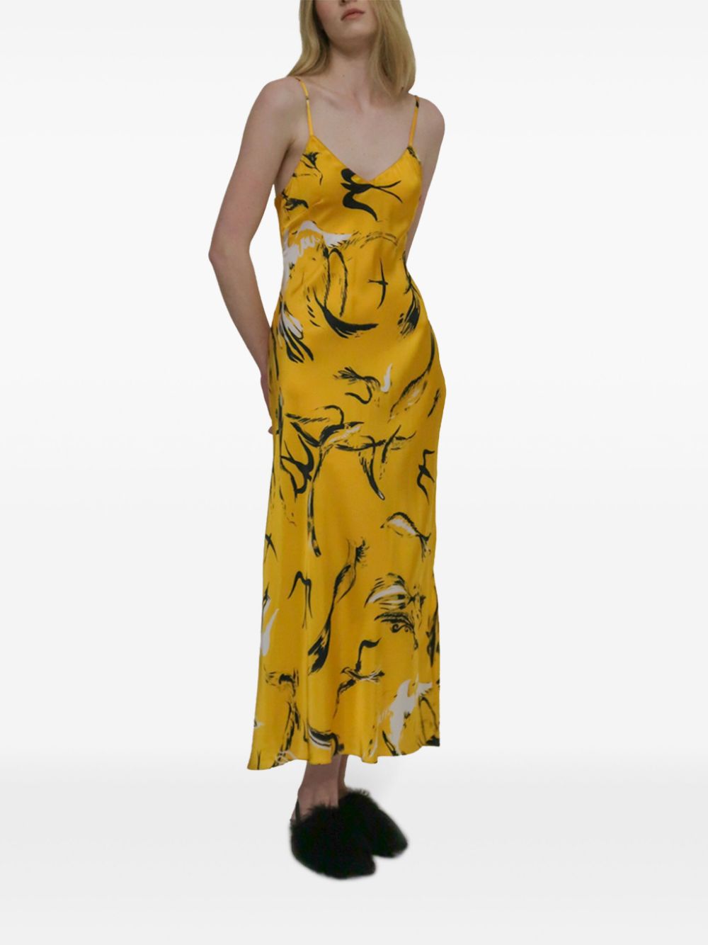 Painted Birds-print slip dress - Yellow