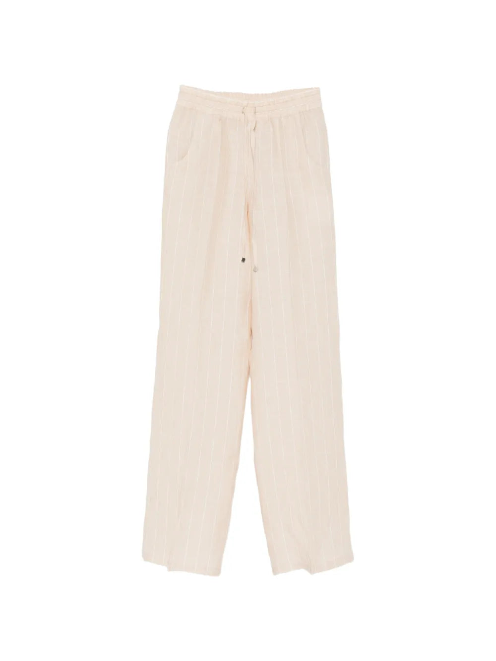 Striped Linen Drawstring Trousers — Beige