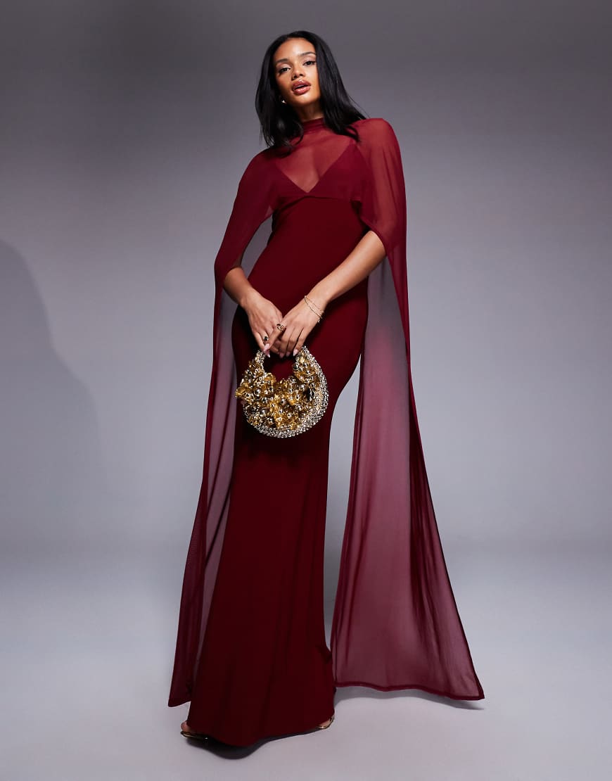 Exaggerated cape maxi dress in burgundy-Red