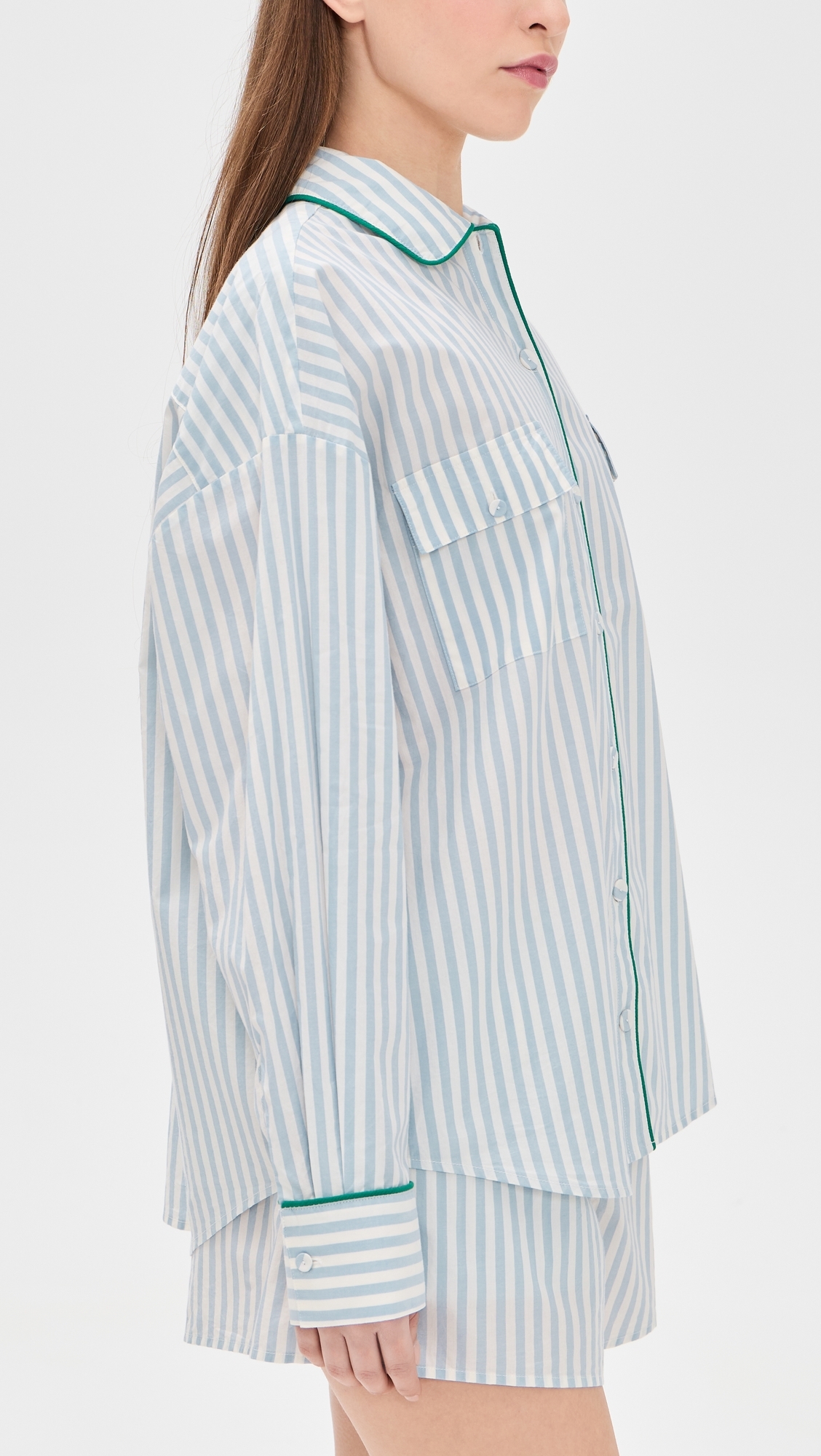 Airy Cotton Piped Button Down Pajama Top Stillwater Stripe/Spring