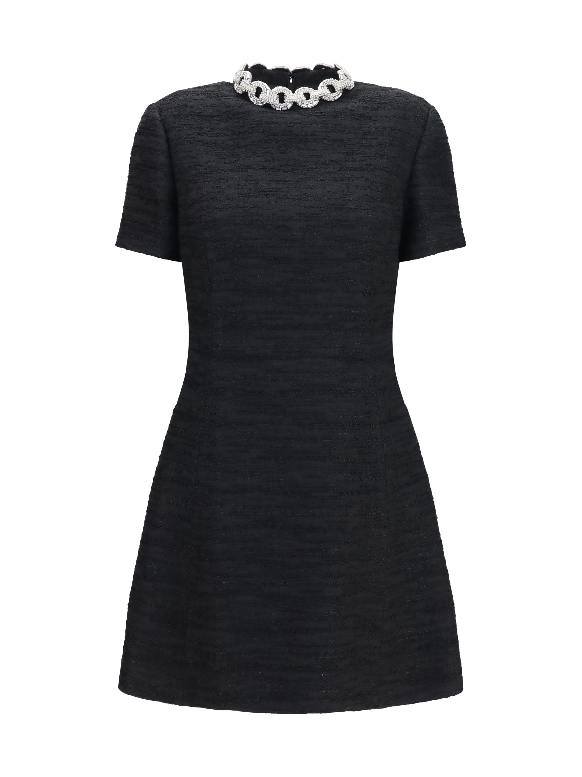 Embroidered Crew Neck Mini Dress — Black
