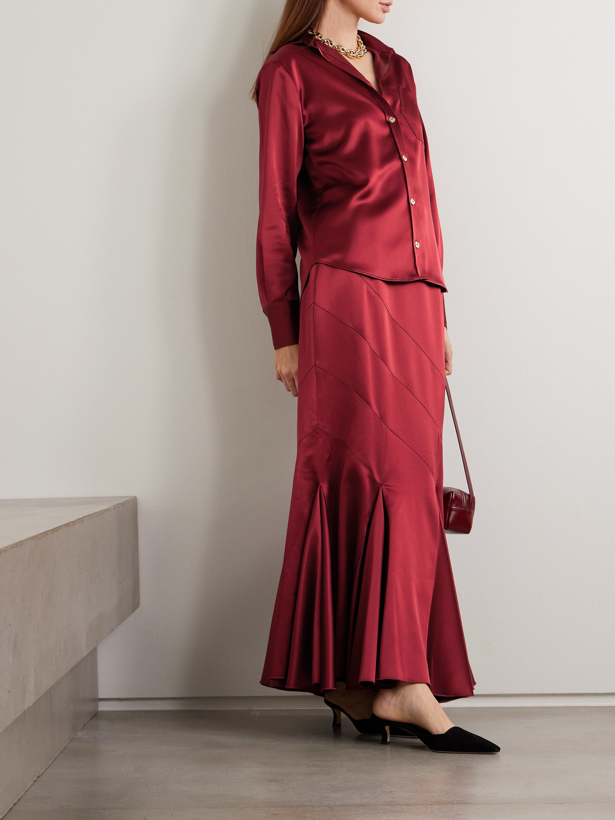 Violi Button-embellished Satin Shirt - Burgundy
