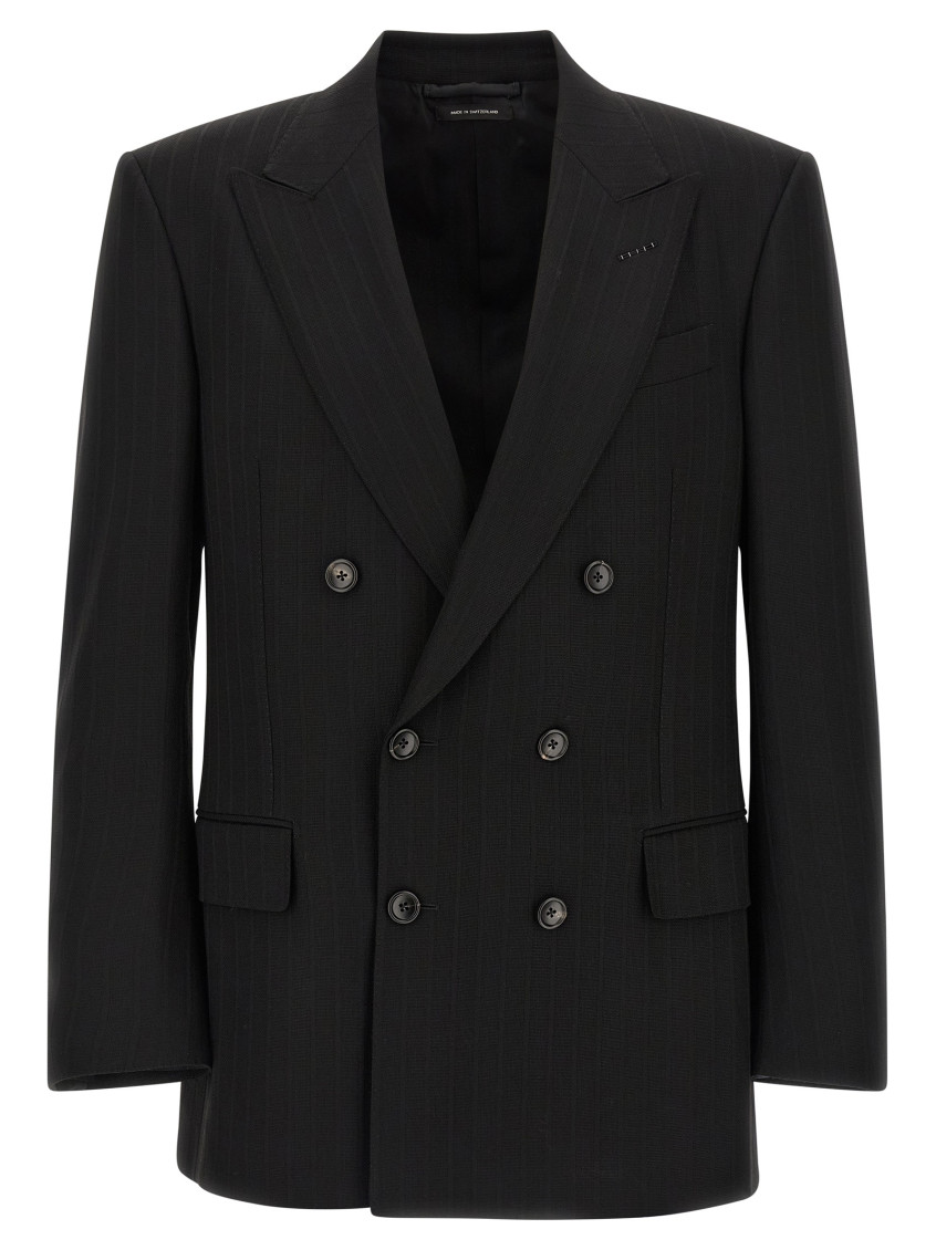 Solid Satin Stripe Double Breasted Jacket Jackets Black