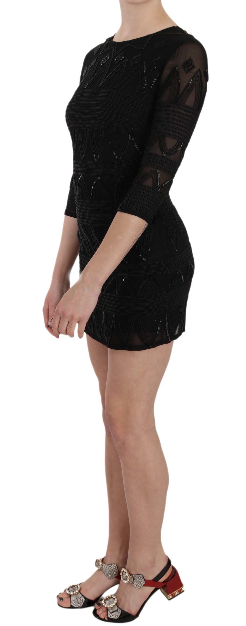 Silk Sequined Mini Shift Dress — Black